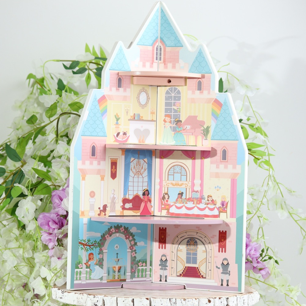 Wooden Princess Castle Dollhouse 3-Level Royal Play Set Pink